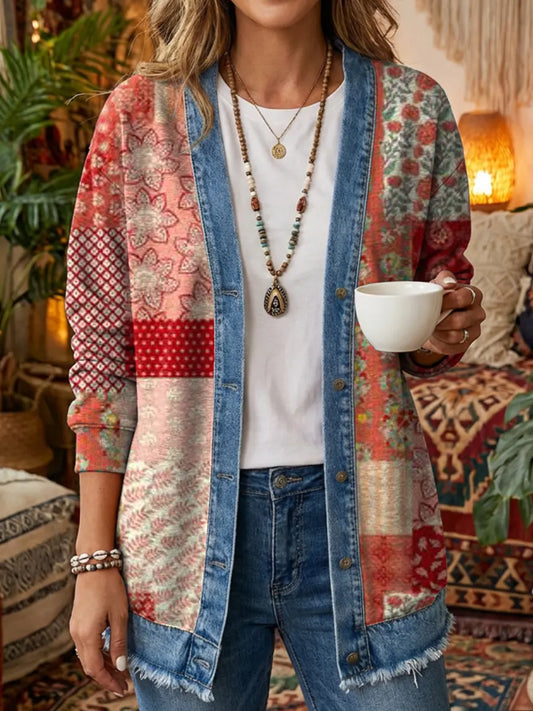 Women's Bohemian Floral Pattern Art Print Casual Long-Sleeve Shirt Jacket