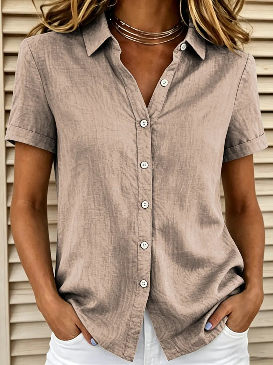 Women's Linen-Blend Collared Short Sleeve Button-Down Blouse