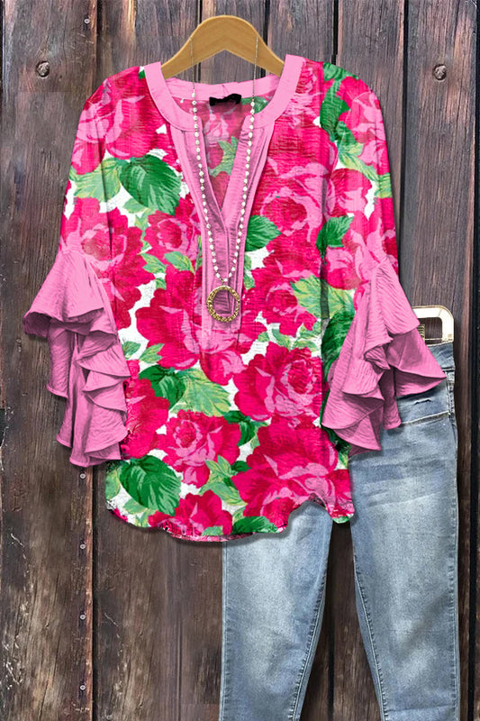 Elegant Rose Floral Print Ruffle Sleeve Top