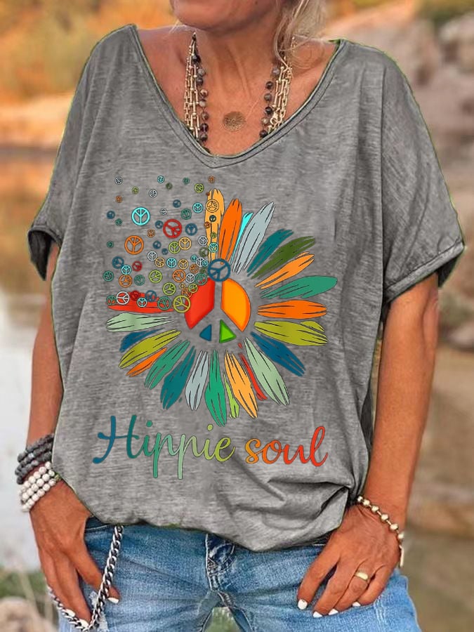 Women'S Sunflower Peace Sign Hippie Soul Print T-Shirt