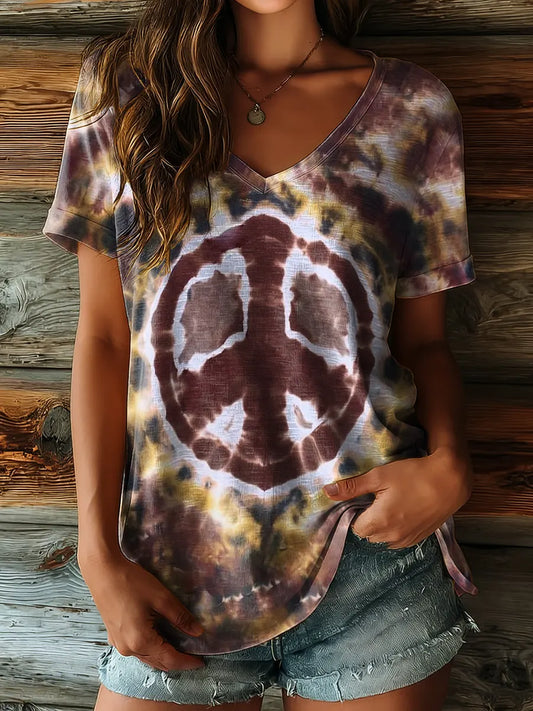 Women's Hippie Tie-Dye Art Prints V Neck T-Shirt