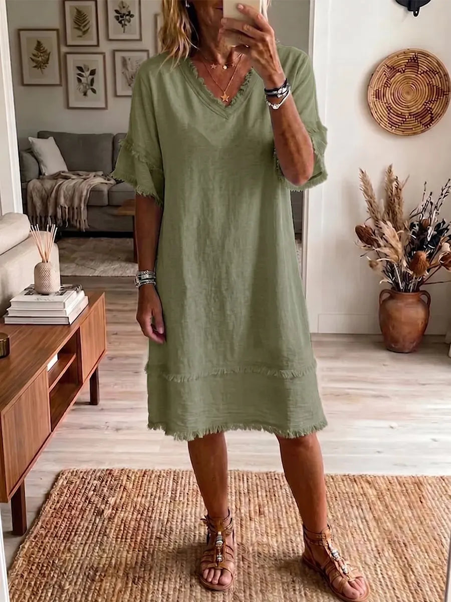 Vintage Art Print V-neck Tassels Cotton Dress