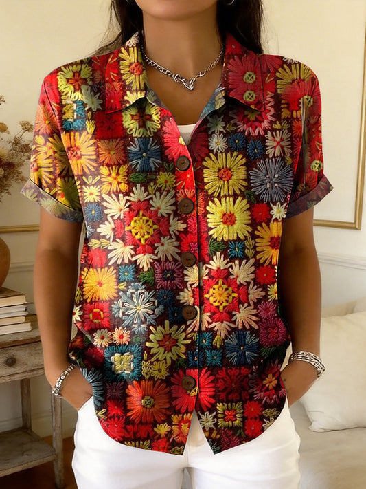 Women's Retro Ethnic Floral Art Print Casual Short-sleeve Cardigan Shirt