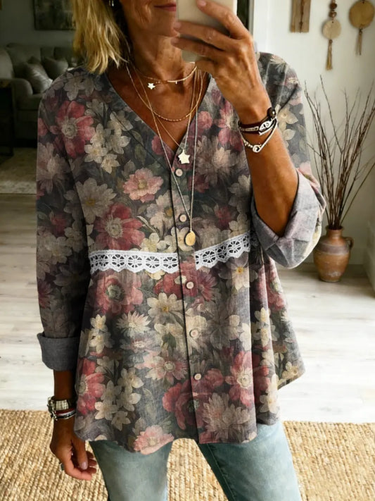 Women's Retro Floral Art Print V-Neck Lace Shirt