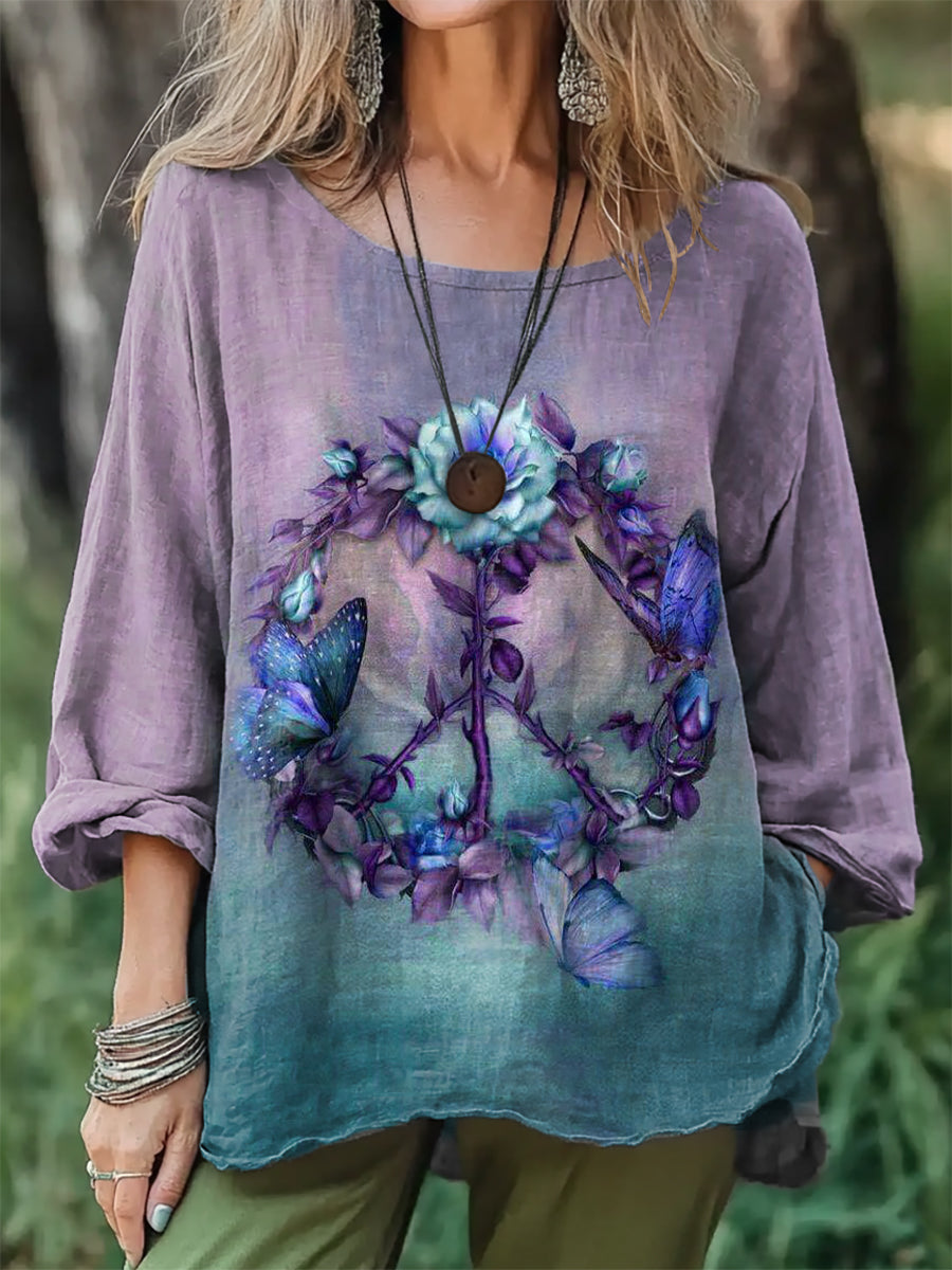 Women's Hippie Art Print Casual Long Sleeve Comfortable Cotton Shirt