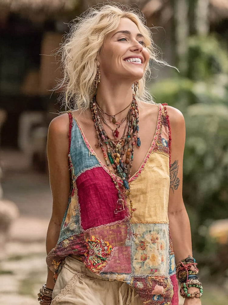Lunivibe Women Vintage Floral Geometry Art Linen V Neck Tank Top