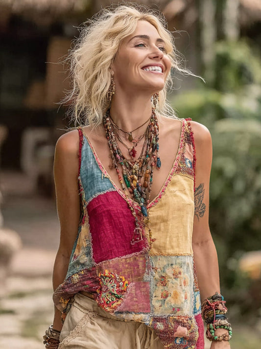 Lunivibe Women Vintage Floral Geometry Art Linen V Neck Tank Top
