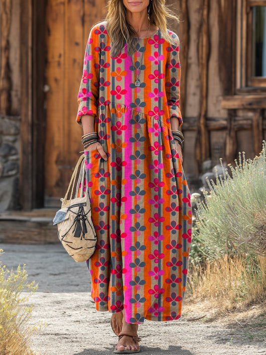 Women's Vintage Floral Striped Color-Block Art Print Pocket Cotton Dress