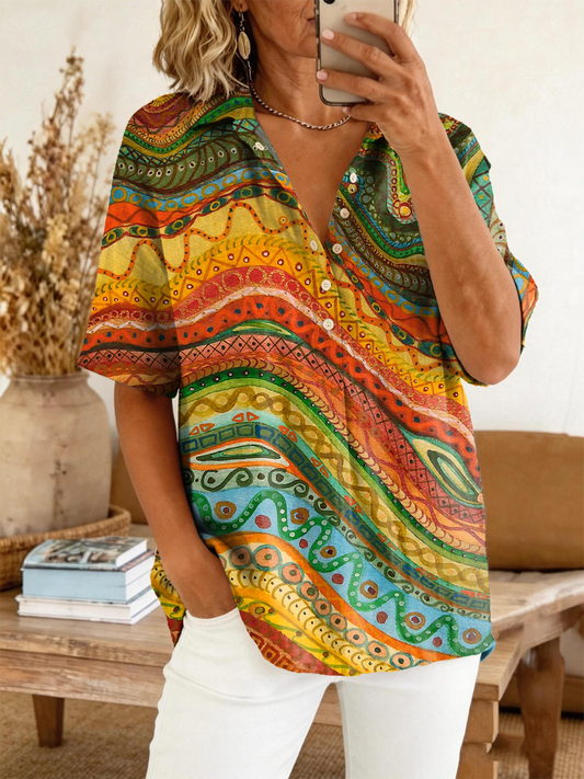 Women's Retro Colorful Art Print Casual Short-sleeve Shirt