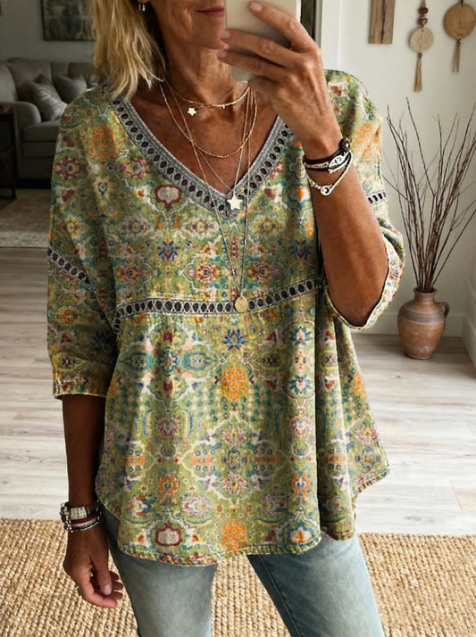 Women's Ethnic Pattern Art Print Casual V-neck Lace-up Top