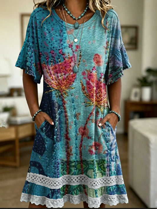 Women's Vintage Floral Print Lace Cutout Dress