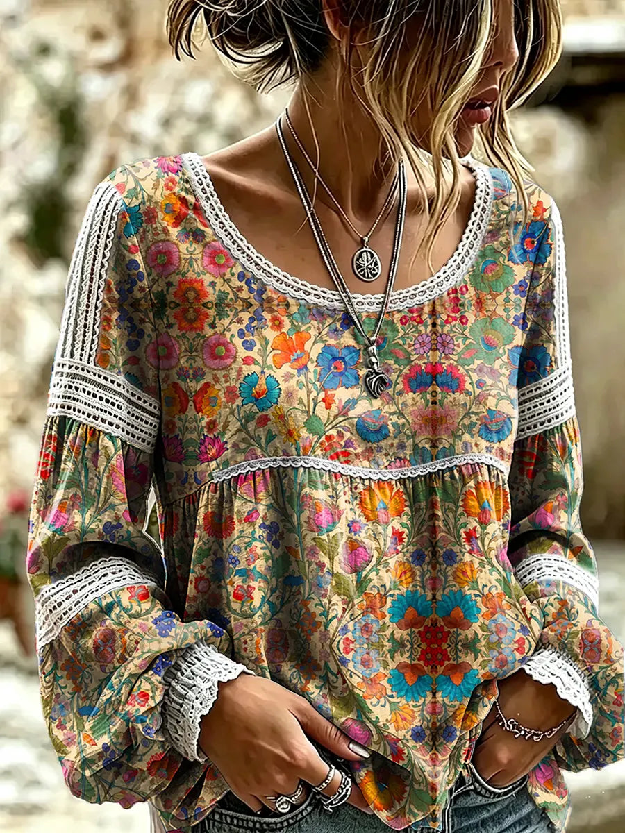 Women's Vintage Ethnic Floral Print Lace Blouse