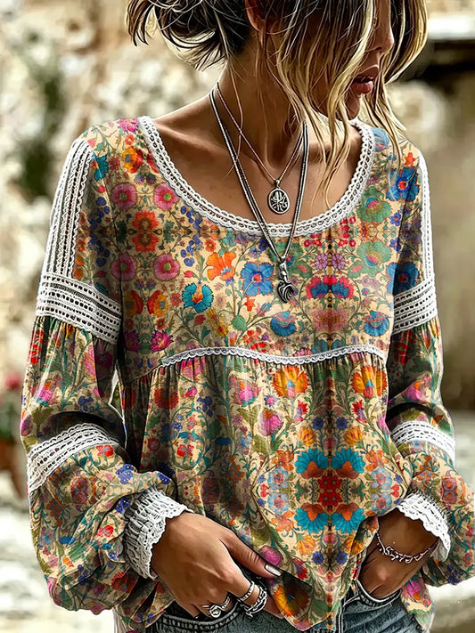 Women's Vintage Ethnic Floral Print Lace Blouse