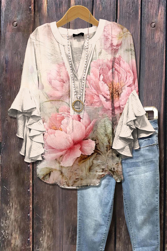 Elegant Floral Print Ruffle Sleeve Top