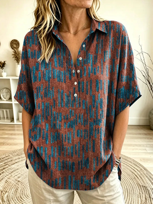 Women's Abstract Geometric Print Collared Short Sleeve Henley Blouse