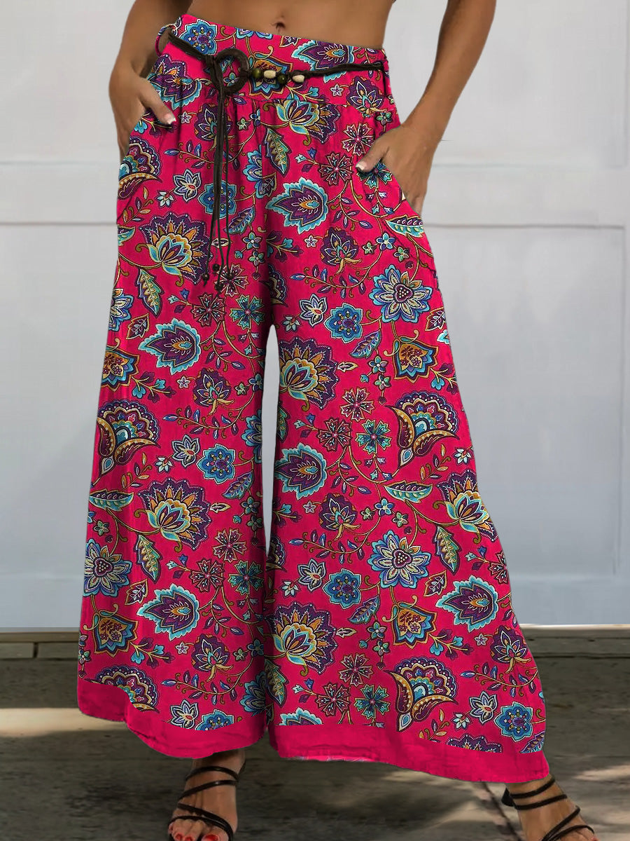 Vibrant Floral And Vine Pattern Printed Women's Cotton And Linen Casual Wide-leg Pants