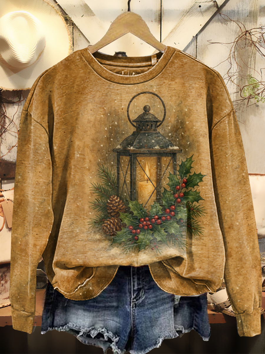 Women's Retro Christmas Art Print Casual Long Sleeve Crew Neck Sweatshirt