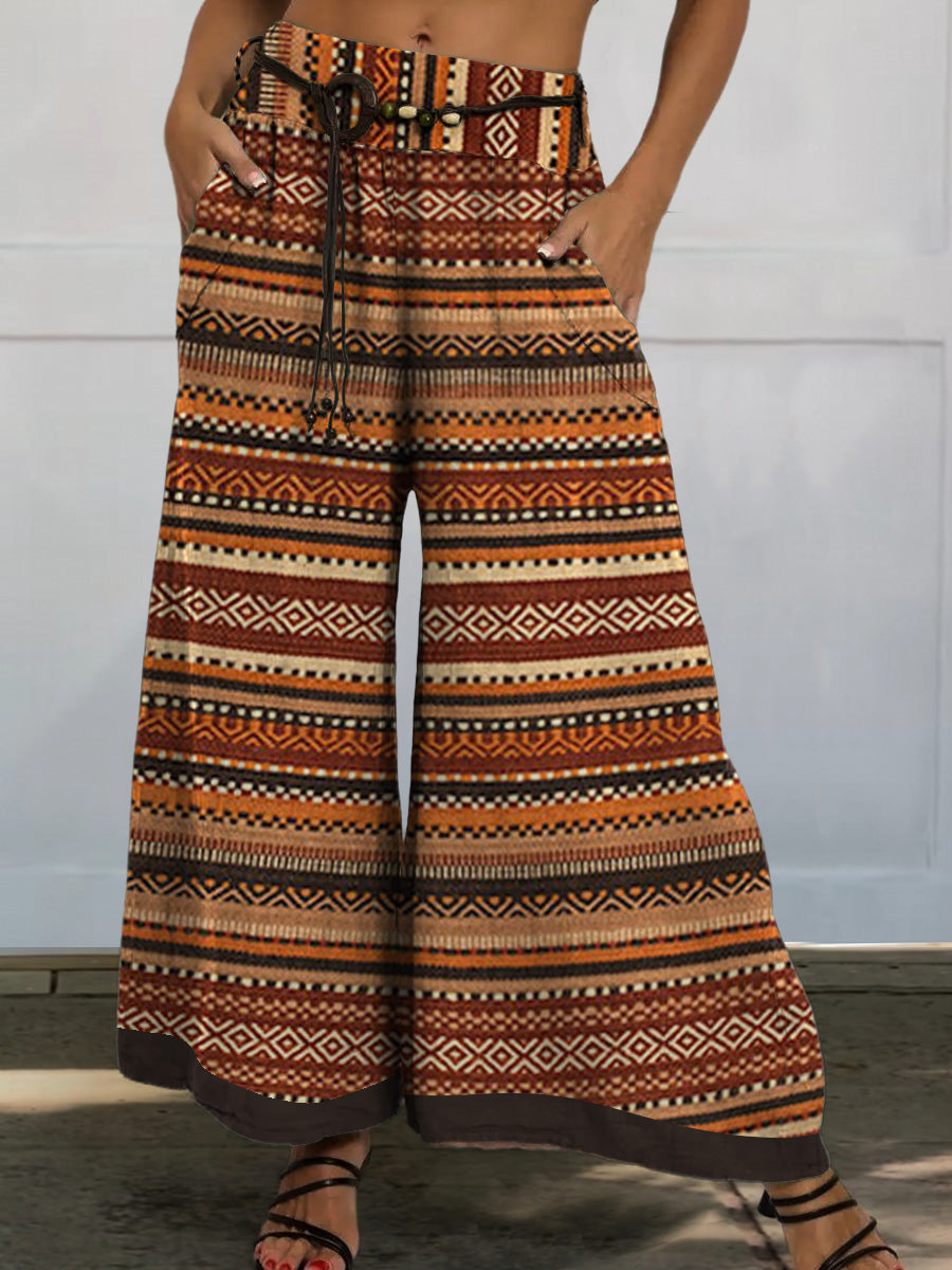 Ethnic Style Tribal Pattern Printed Women's Cotton And Linen Casual Wide-Leg Pants