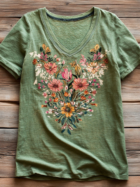 Women's Folk Flower Art Print V-neck Casual Cotton T-Shirt