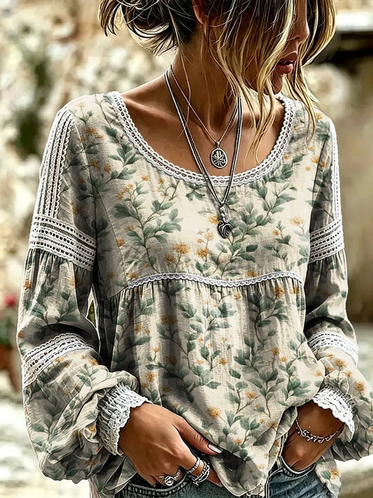 Women's Leafy Botanical Print Lace Trim Blouse