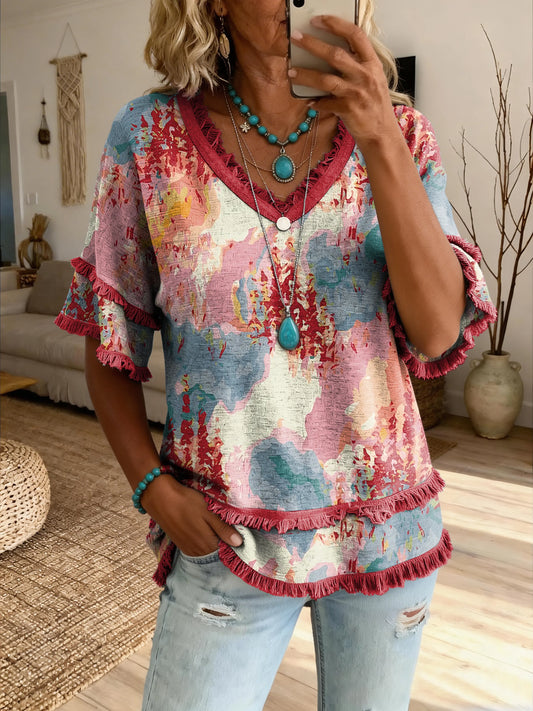 Women's Retro Oil Painting Tie-Dye Art Print Casual V-Neck T-Shirt