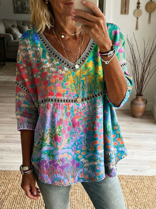 Women'sfloral Art Print Casual V-neck Tie-front Top