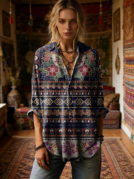 Women's Vintage Floral Pattern Art Print Casual Long-sleeve Shirt