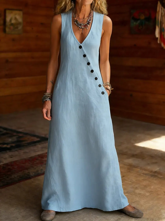 Women's Cotton Casual Sleeveless V-neck Button Pocket Dress