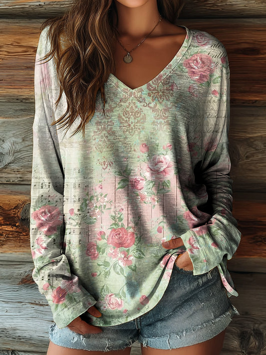 Women's Vintage Green Floral Collage Art Print Casual V-Neck Long-Sleeve T-Shirt