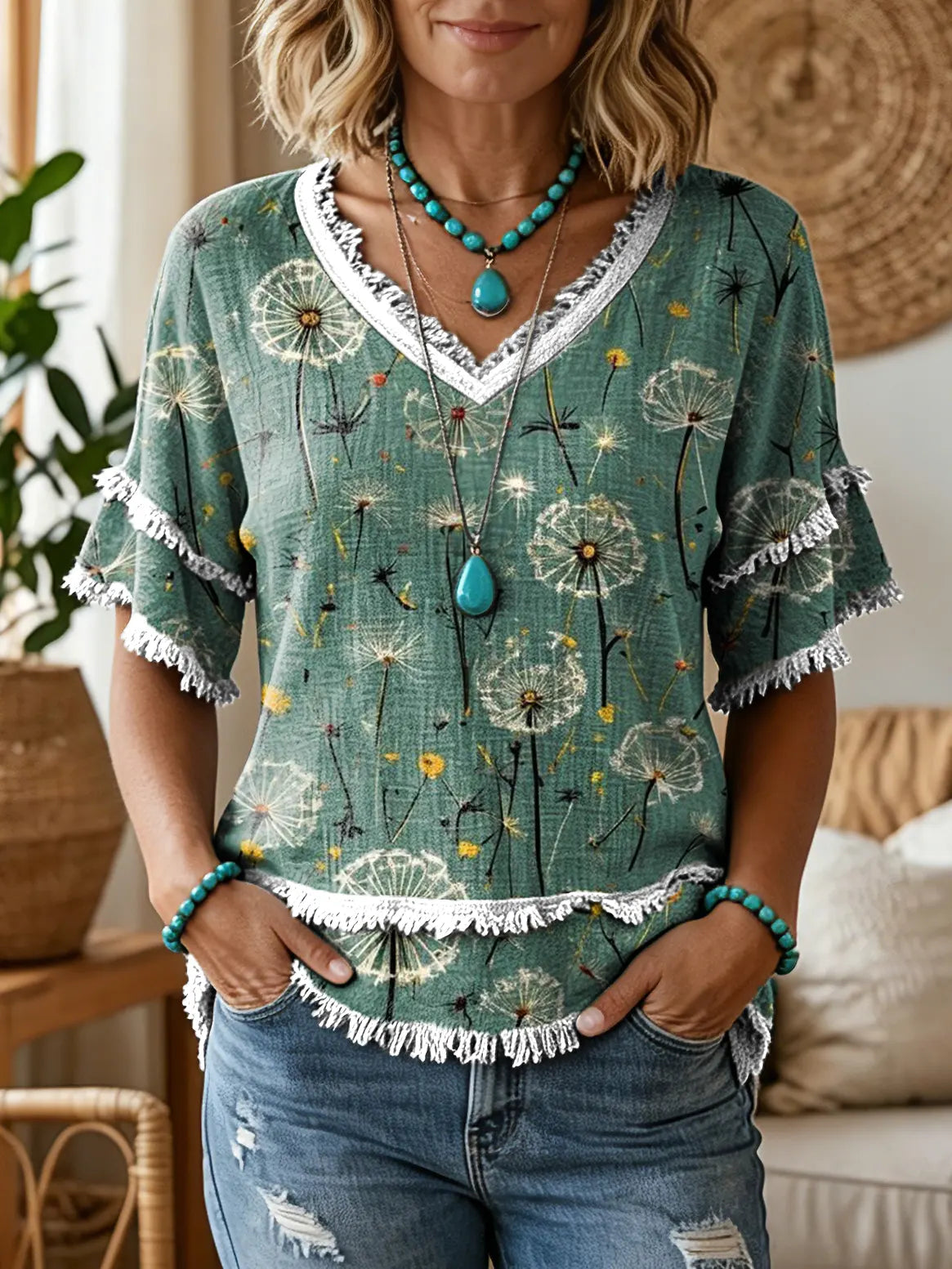 Women's Vintage Dandelion Art Print V-Neck Tasseled Cotton Top