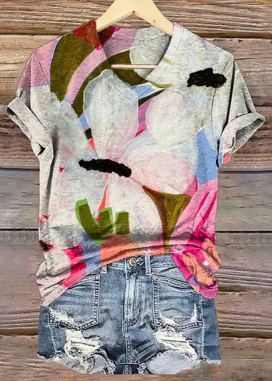 Women's Bohemian Floral Art Print V-neck Casual T-Shirt