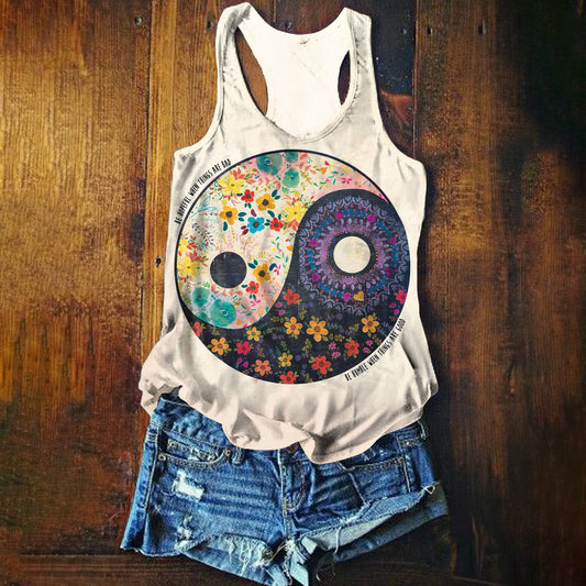 Women's Eight Trigrams Floral Pattern Art Print Vest