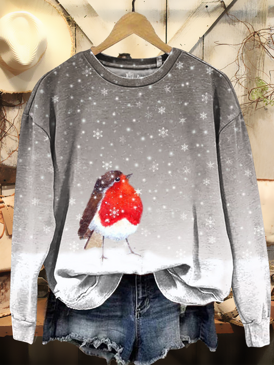 Women's Vintage Cute Snowflake Bird Christmas Art Print Casual Crewneck Pullover Sweatshirt