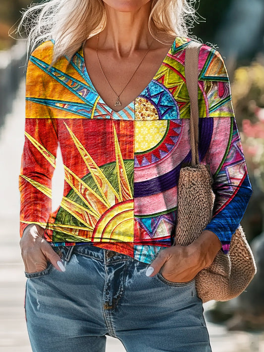 Women's Colorful Sun Collage Art Print Casual V-neck Long Sleeve T-shirt