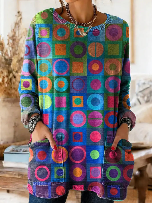 Women's Vintage-style Colorful Abstract Geometric Art Print Casual Washed Denim Cotton Top