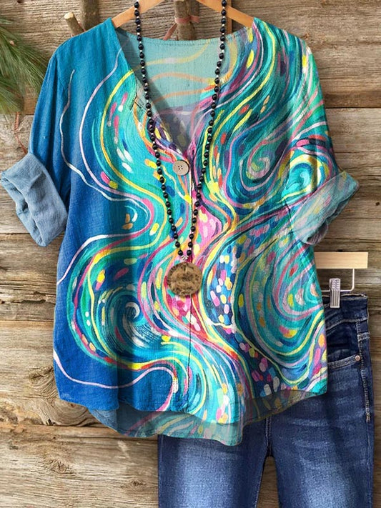 Women's Abstract Line Art Print Casual Cotton Linen Shirt
