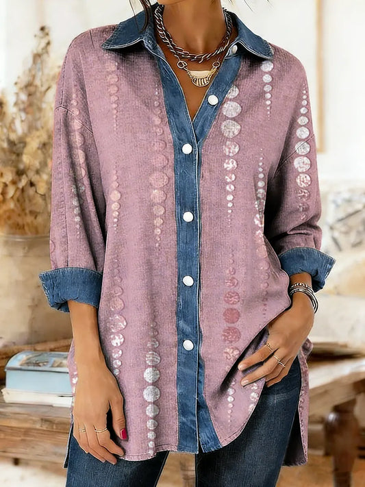 Women's Polka Dot Art Print Denim Patchwork Casual Shirt