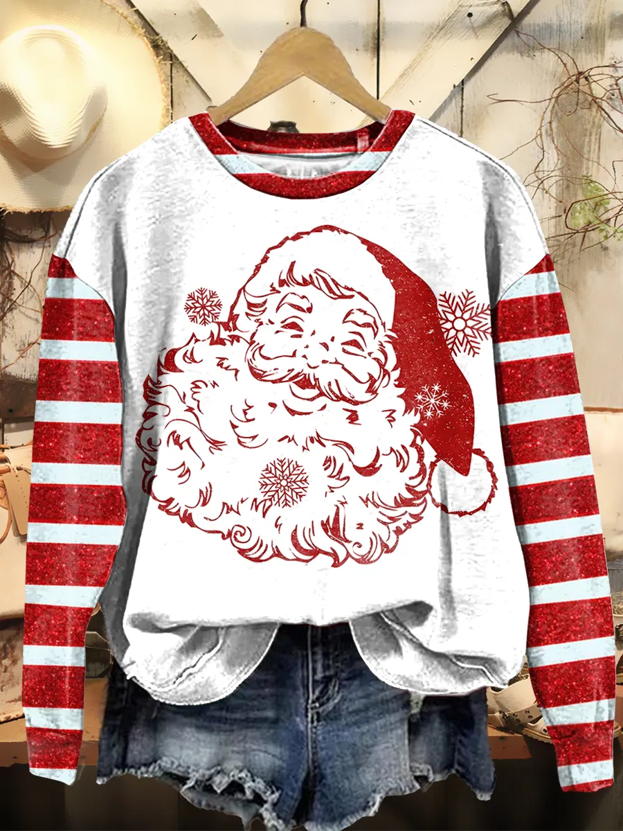 Christmas Santa Claus Snowflakes Stripes Vintage Art Print Sweatshirt