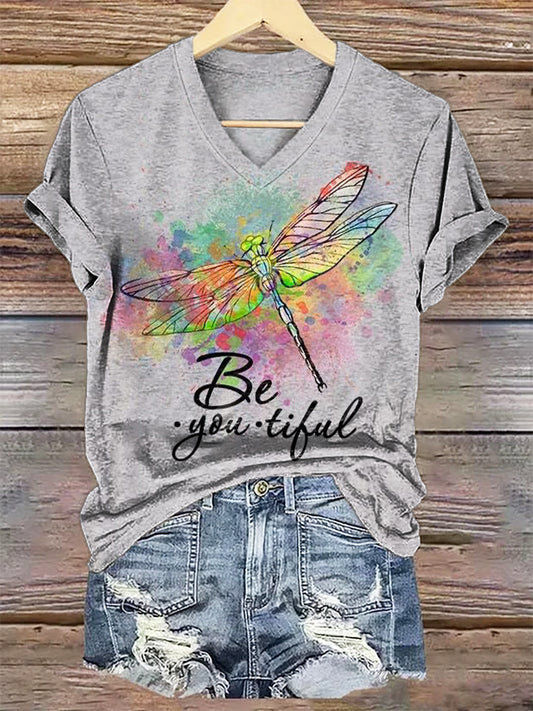 Women's Vintage Dragonfly Art Print V-neck Casual T-Shirt