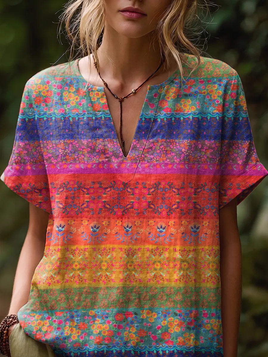 Ethnicity Colorful Flowers Stripes Women's Art Print Casual Short-sleeve V-neck Cotton Linen Shirt