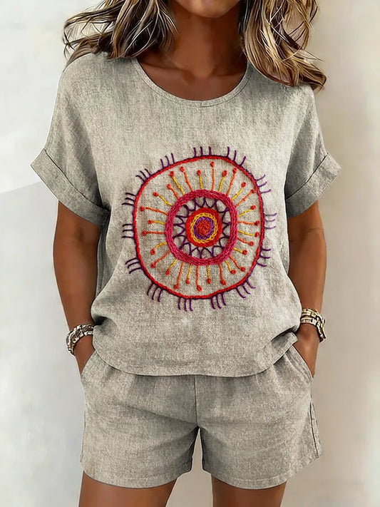 Women's Ethnic Art Prints Cotton Shirt & Shorts Two-piece Set