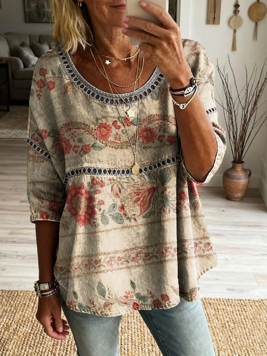 Ethnicity Geometry Flowers Women's Vintage Art Print Casual Round Neck Cutout Top
