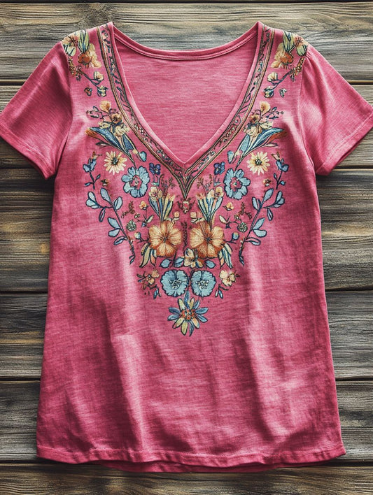 Women's Folk Flower Art Print V-neck Casual T-Shirt