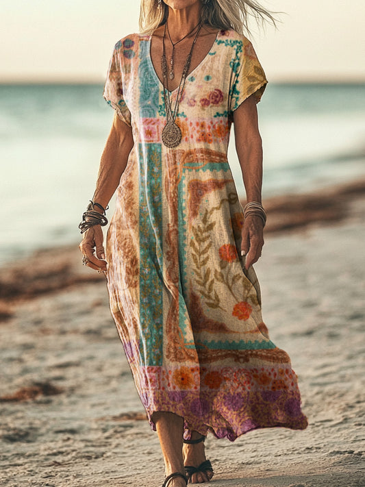 Women's Vintage Ethnic Floral Art Print Pocket Cotton Dress