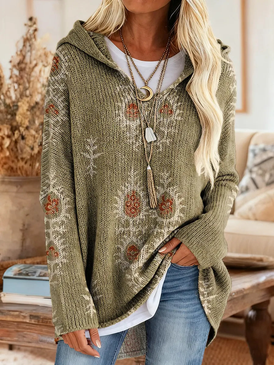 Women's Ethnic Totem Art Pattern Print Casual Knitted Hooded Tunic Top
