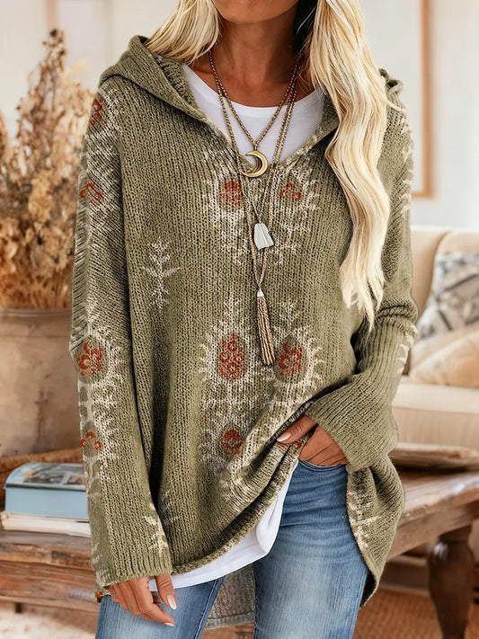 Women's Ethnic Totem Art Pattern Print Casual Knitted Hooded Tunic Top