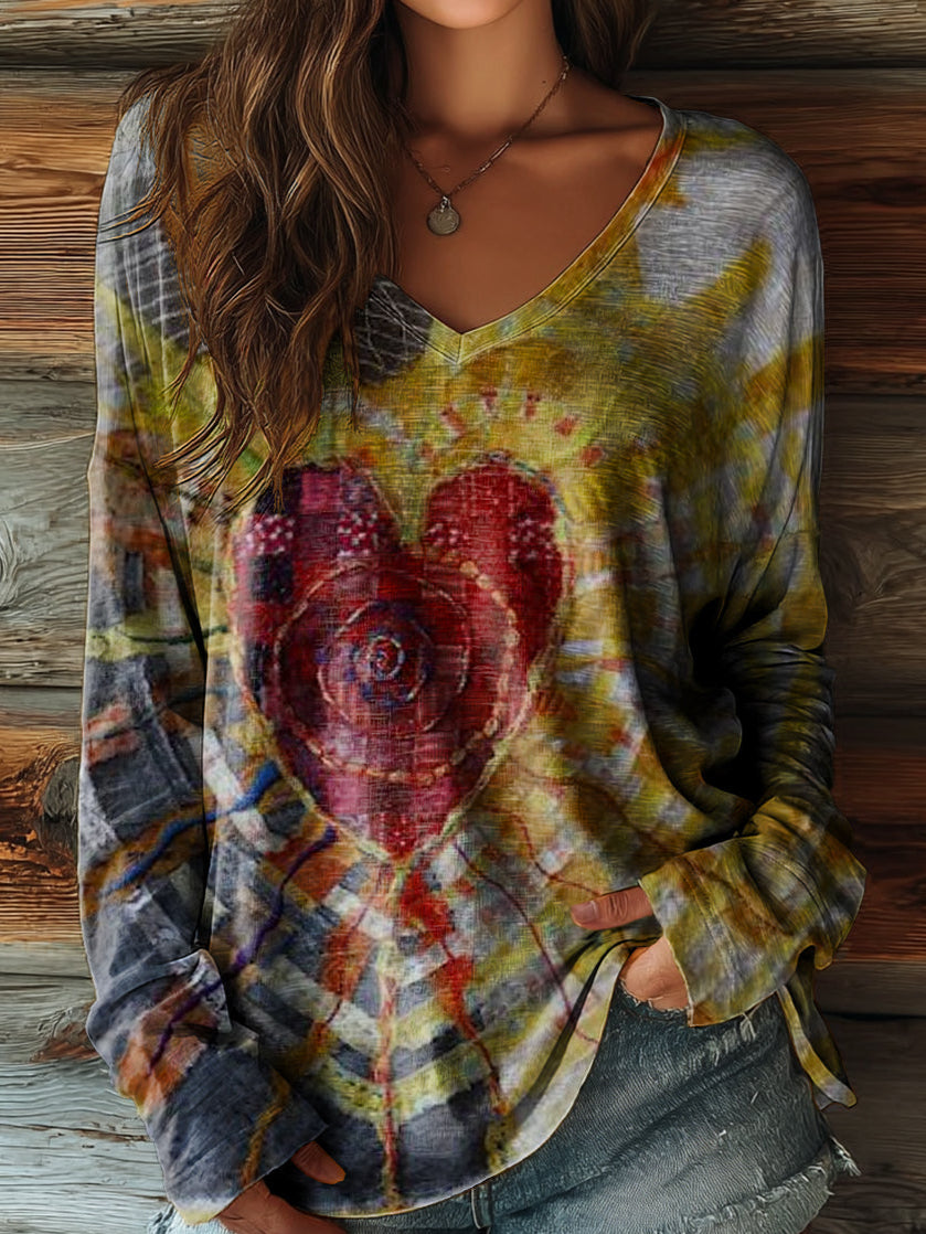 Women's Ethnic Heart Art Pattern Print Casual V-neck Long Sleeve T-shirt