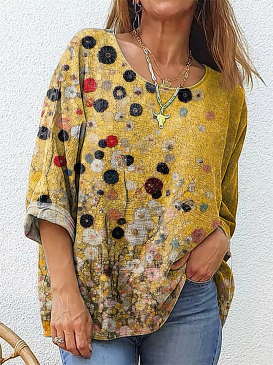 Women's Vintage Folk Art Print Casual Crew Neck Cotton And Linen Shirt