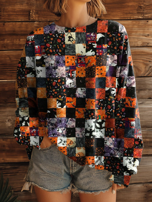 Ethnic Halloween Patchwork Vintage Art Print Casual Sweashirt