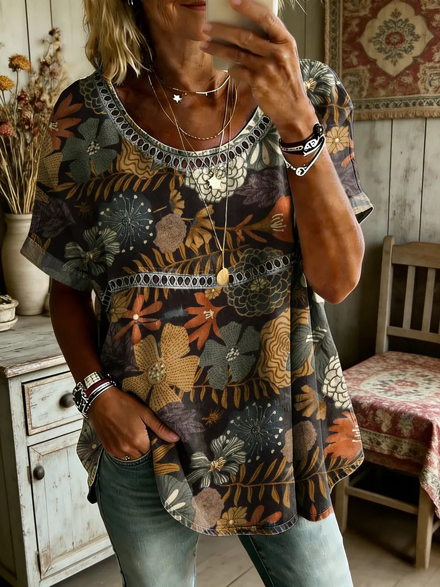 Women's Floral Art Print Round Neck Short Sleeve Hollow-Out Shirt